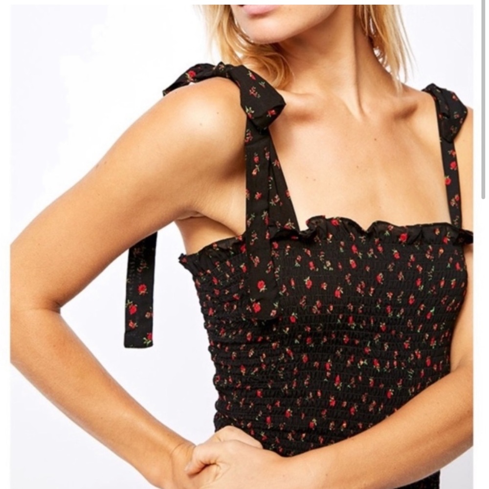 Free People Bella Floral Rose Smocked Tie Strap Mini Dress